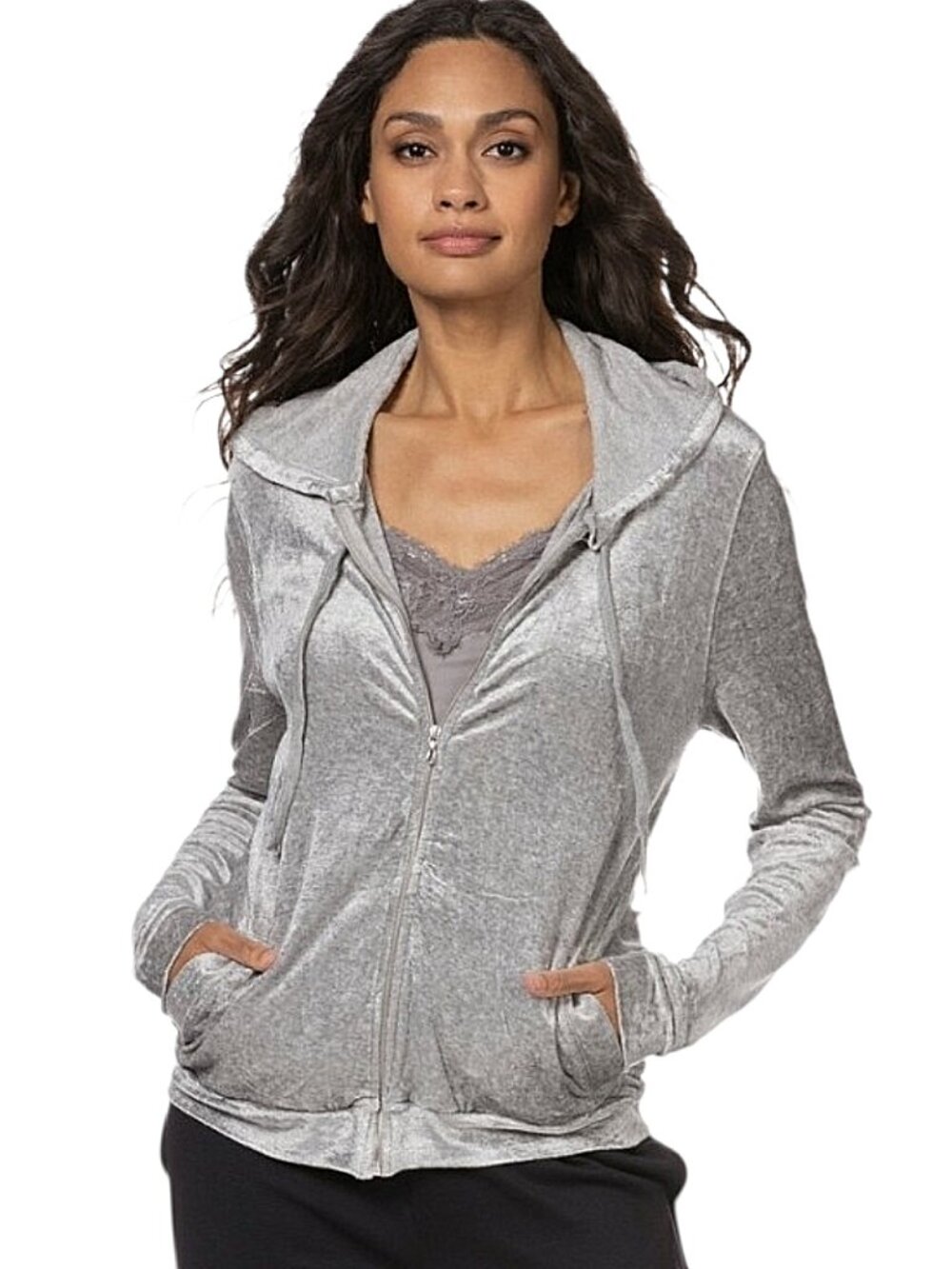 Majestic Filatures Full Zip Stretch Hoodie Silver Metallic Good Cond Women - M